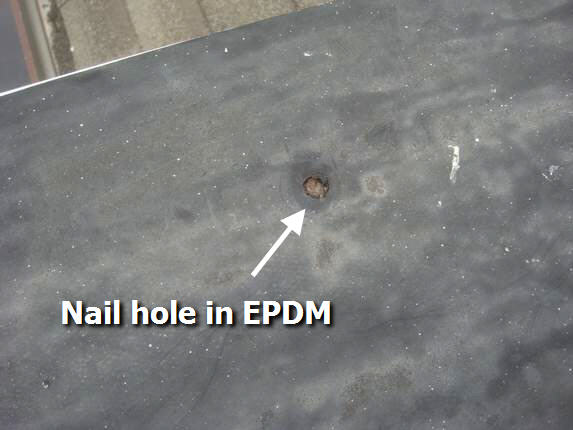 Roof membrane punctured by nail