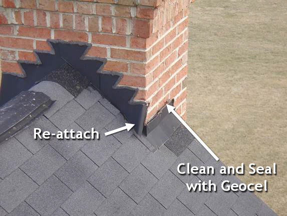 Reattach and reseal chimney flashings Reattach and reseal chimney flashings